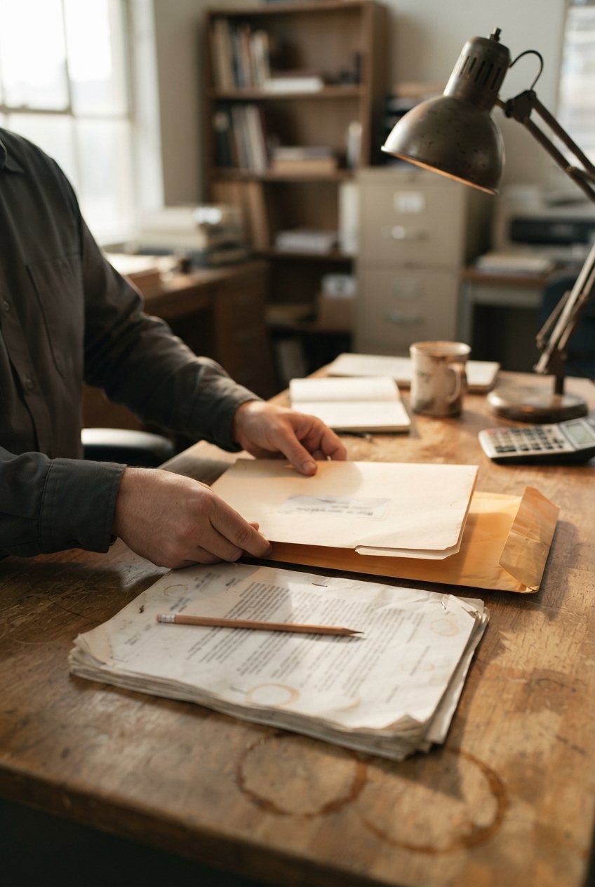 Hands setting a hand-labelled manila folder and an opened envelope side by side on a wooden desk under a lit lamp, a pencil resting across a marked page, papers creased and stapled with all text out of focus.