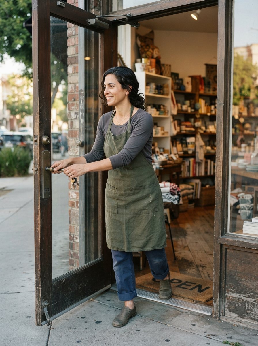 A shop owner pushing open the door of her own small storefront at opening time, keys still in her hand, lights on and stocked shelves and a swept mat visible past the doorway.