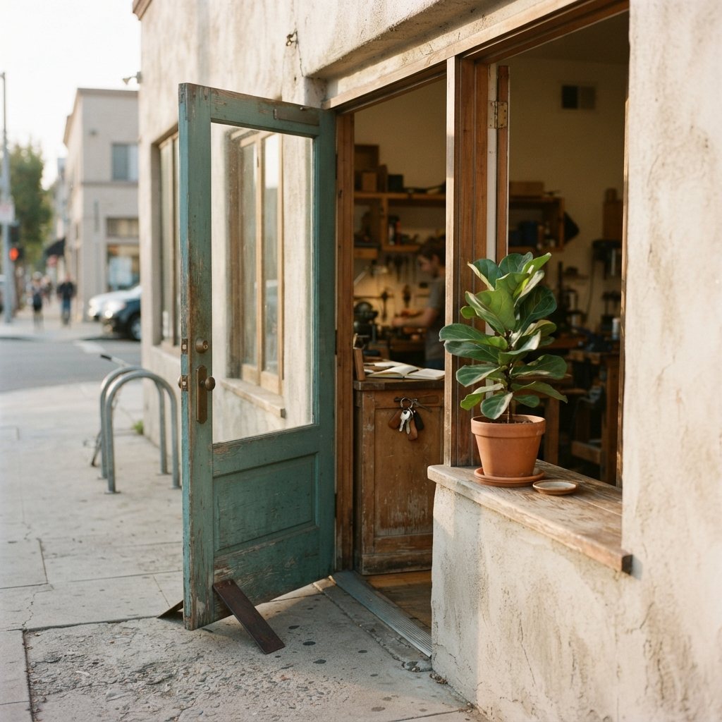 A small independent storefront door propped open onto an ordinary stucco sidewalk in warm late-afternoon light, a potted plant on the sill and keys left on the counter just inside; no legible signage, no skyline, no people posed for camera.