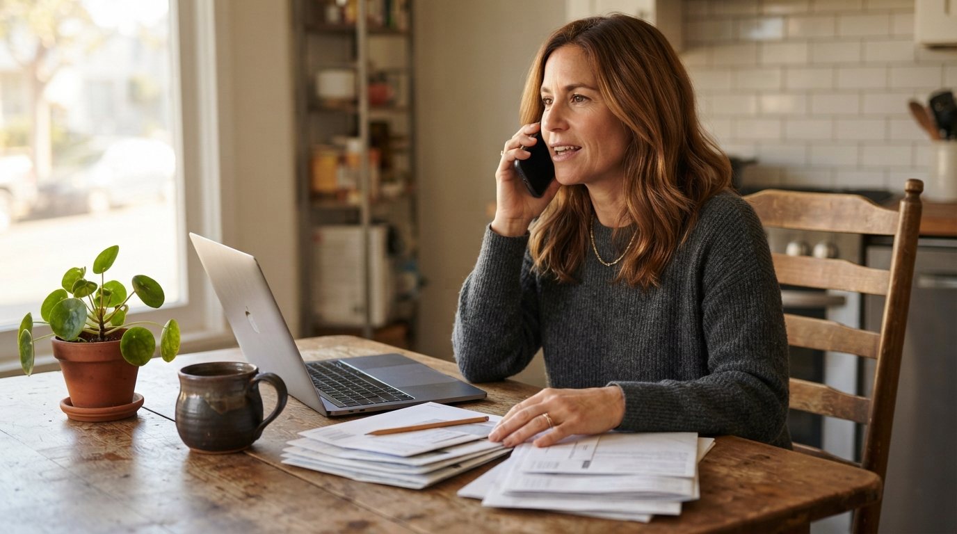 A woman in her forties at her own kitchen table in a Los Angeles apartment, phone held to her ear mid-call, her other hand resting on two neatly squared stacks of opened mail with a pencil laid across the top stack; a laptop open but angled hard away from camera so its screen is out of frame; papers shot shallow and slightly edge-on so no print is legible; a clay mug and a small potted plant on the table, a wooden chair and tiled backsplash behind her, window light entering from the left.