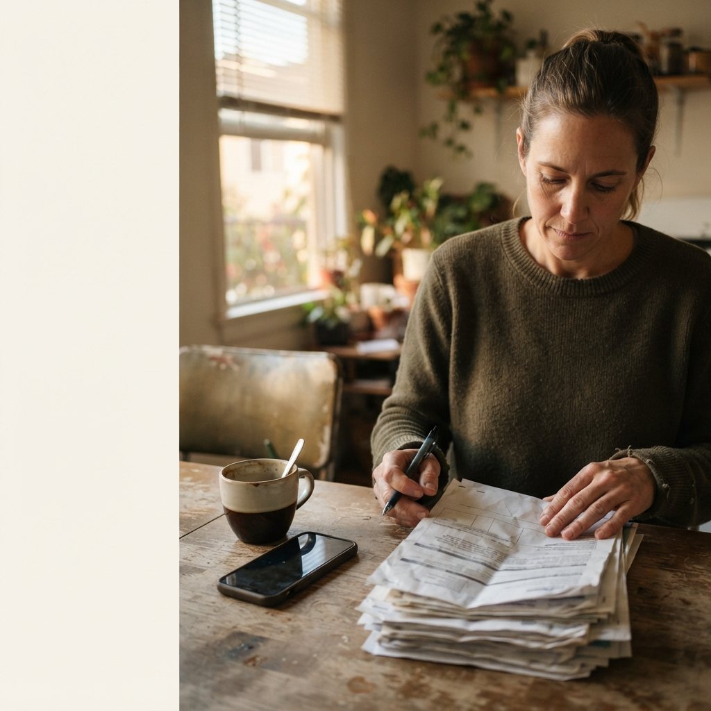 A woman sorting opened paper statements into a squared stack at her own kitchen table in an ordinary apartment, a reading pen in hand and a phone face-up beside a half-full mug, afternoon light coming through a blind; the documents are creased and their text out of focus, and the left third of the frame is quiet so type can breathe beside it.