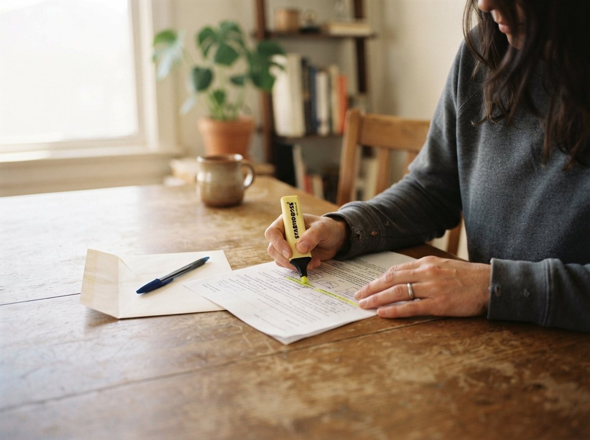 Close view of two hands working through a paper report at a home table, a highlighter in one hand mid-stroke and a pen resting on an opened envelope beside it, daylight from a window at the side.